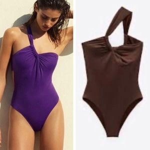 ZARA Asymmetric One Piece Swimsuit Brown Size Large
